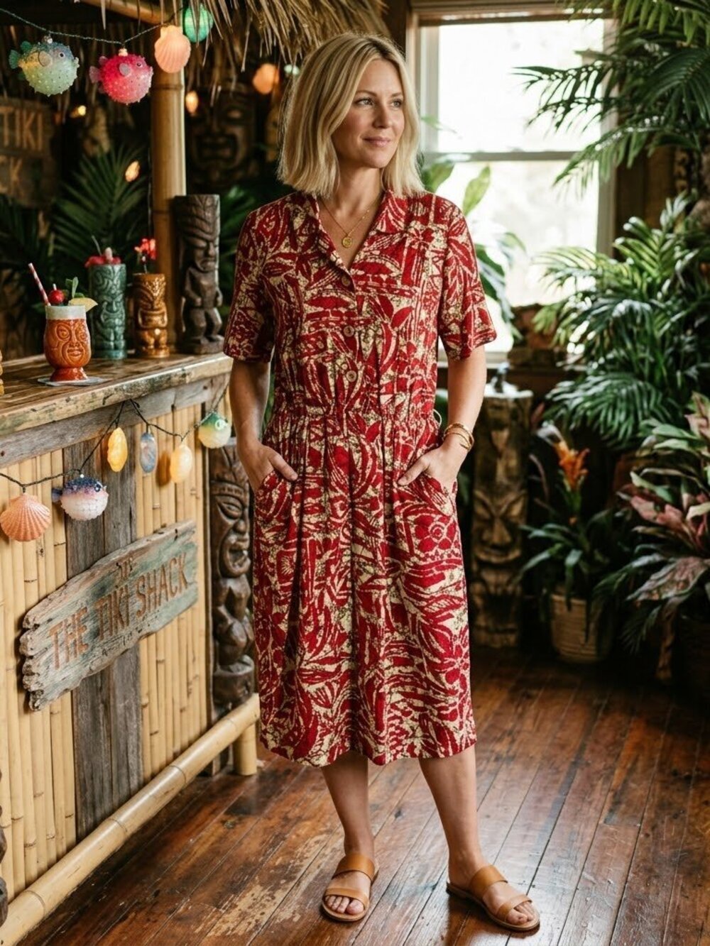 Vintage 50s MCM Toni Todd Abstract Tiki Style Dress with Pockets
